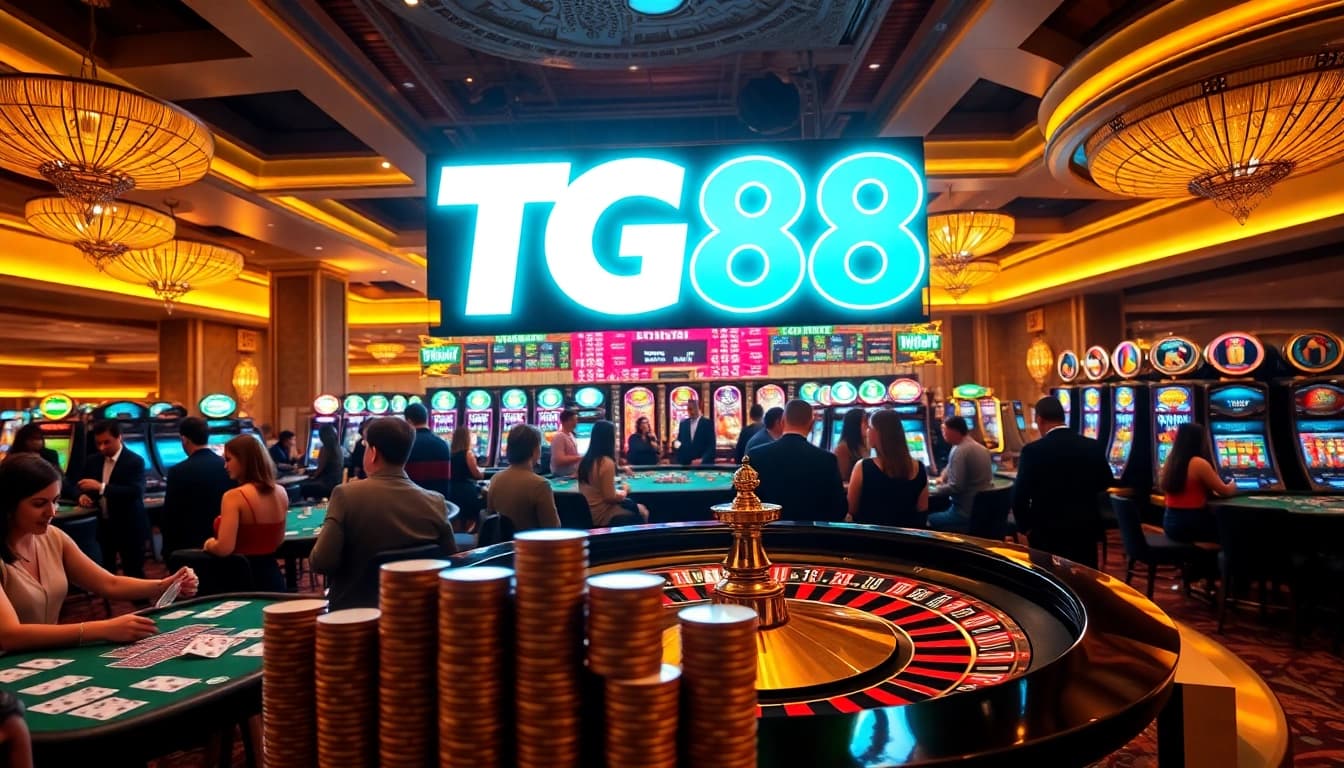 Excited players engaging in a luxurious casino game scene featuring the TG88 logo prominently.