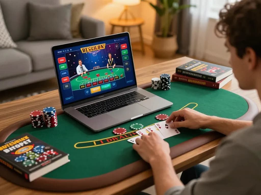 User participating in online blackjack at hytw3339 com, showcasing interactive gameplay and cozy home setup.