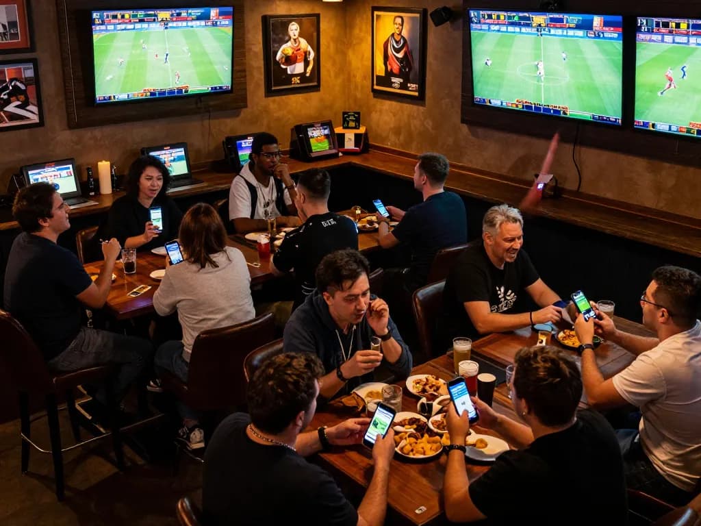 Sports bettors engaging with nhandinhkeonhacai app on their devices, cheering for live games