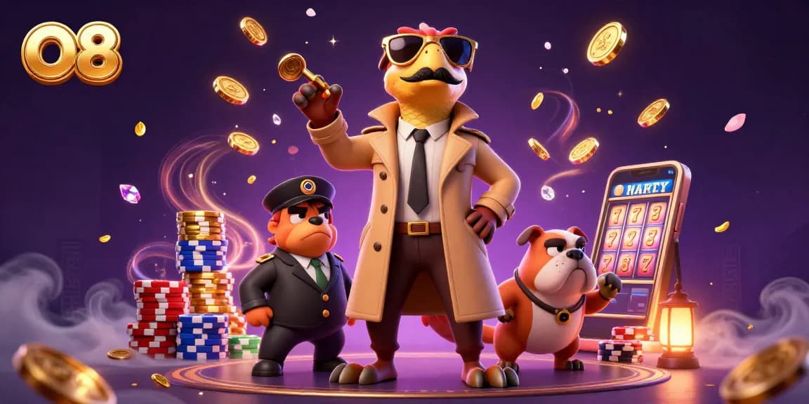 Join the excitement of playing at O8 casino with dazzling golden coins and a colorful poker scene.