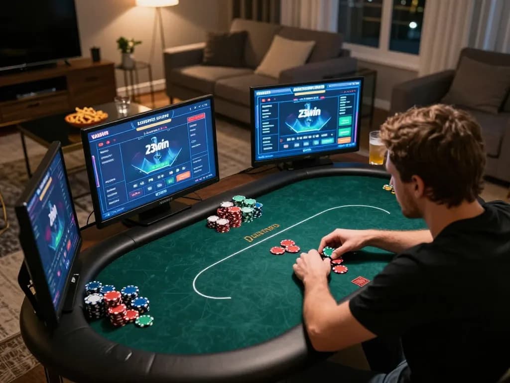 Engaging poker gameplay on 23win, showcasing a player's focus and strategic betting