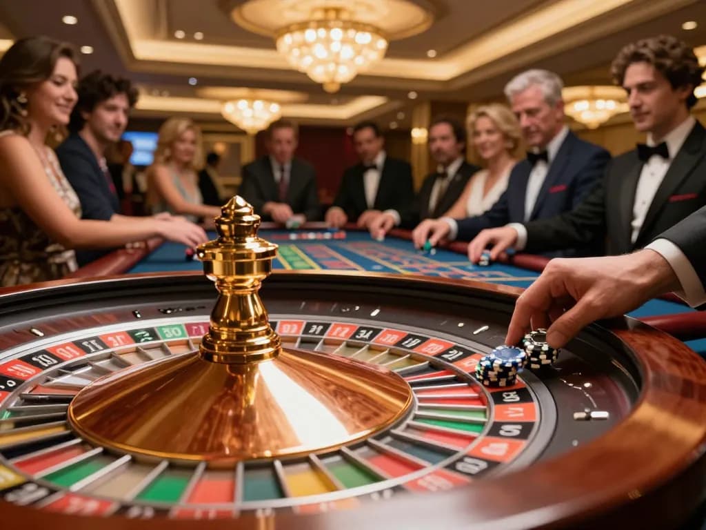 SC88 players placing bets on a vibrant roulette wheel in an upscale casino atmosphere.