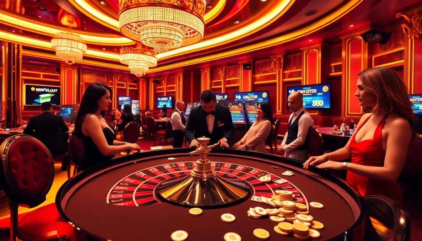 Experience high-stakes betting at https://8xx.golf/ with an elegant roulette table and excited players.