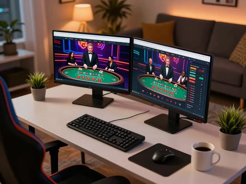 Au88 online players engaging with live dealer blackjack game on stylish gaming setup, capturing strategic gameplay.