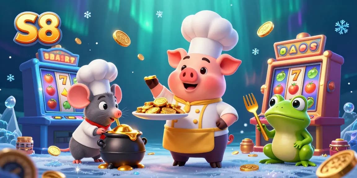 Engage with S8-themed slot fun featuring chef pig, sous-chef mouse, and critic frog in a lively casino.