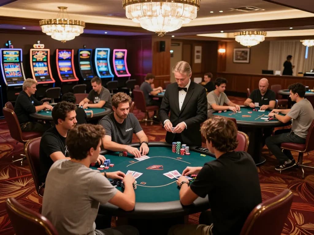 GO8 players making strategic bets at a dynamic poker table in an upscale casino environment