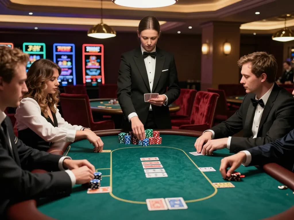 MM88 poker players strategizing their next moves at a high-stakes table in an upscale casino.