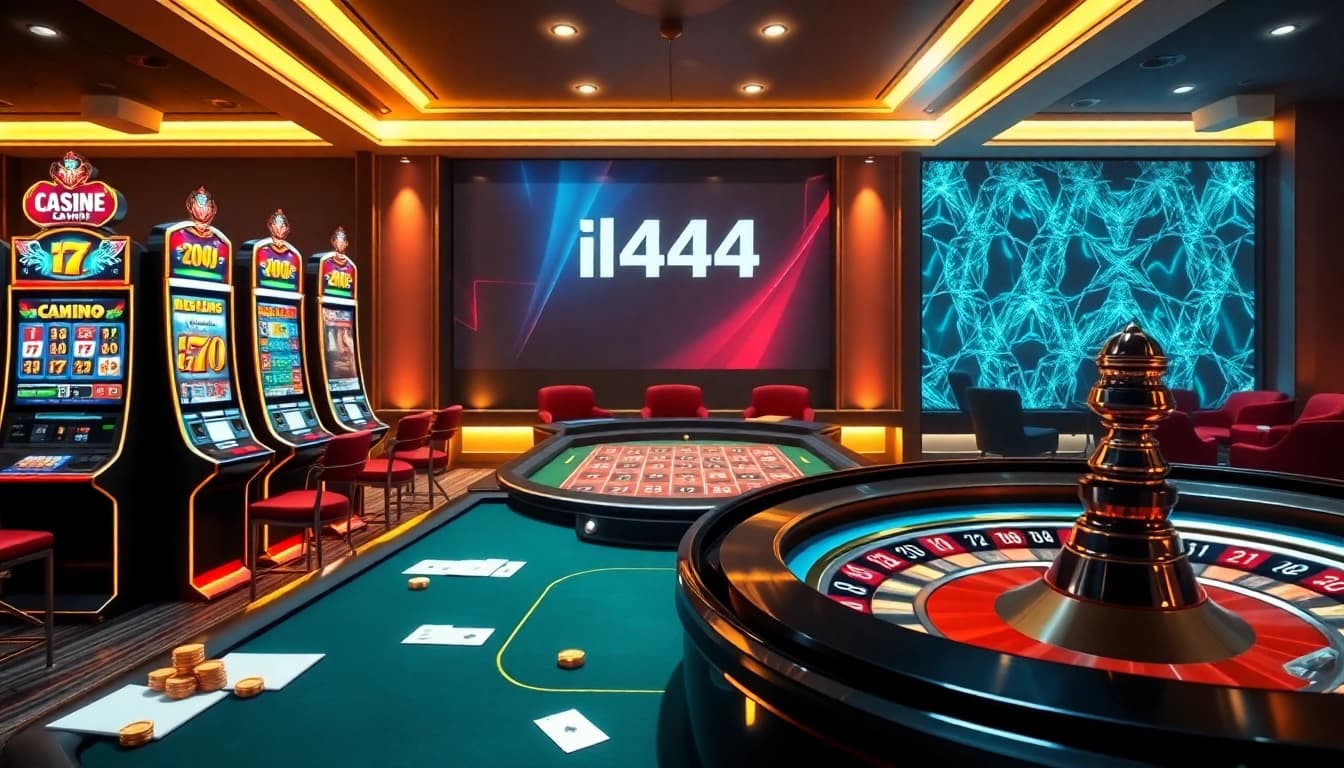 Exciting casino betting experience at l444 with vibrant slot machines and chic poker tables.