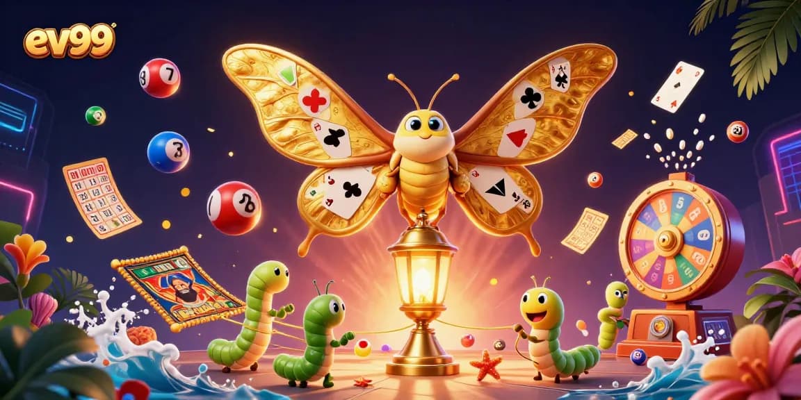 Experience the vibrant energy of ev99 with colorful lottery elements, a majestic moth, and dazzling casino motifs.