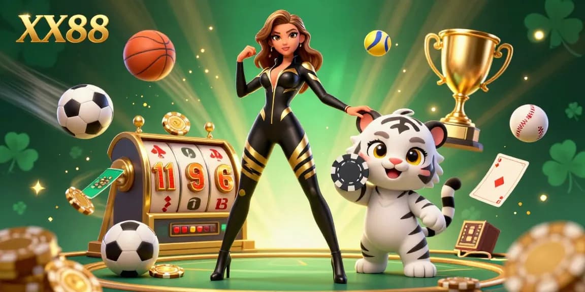 Engage with exciting casino thrills at XX88 with vibrant 3D illustration of dynamic games and characters.
