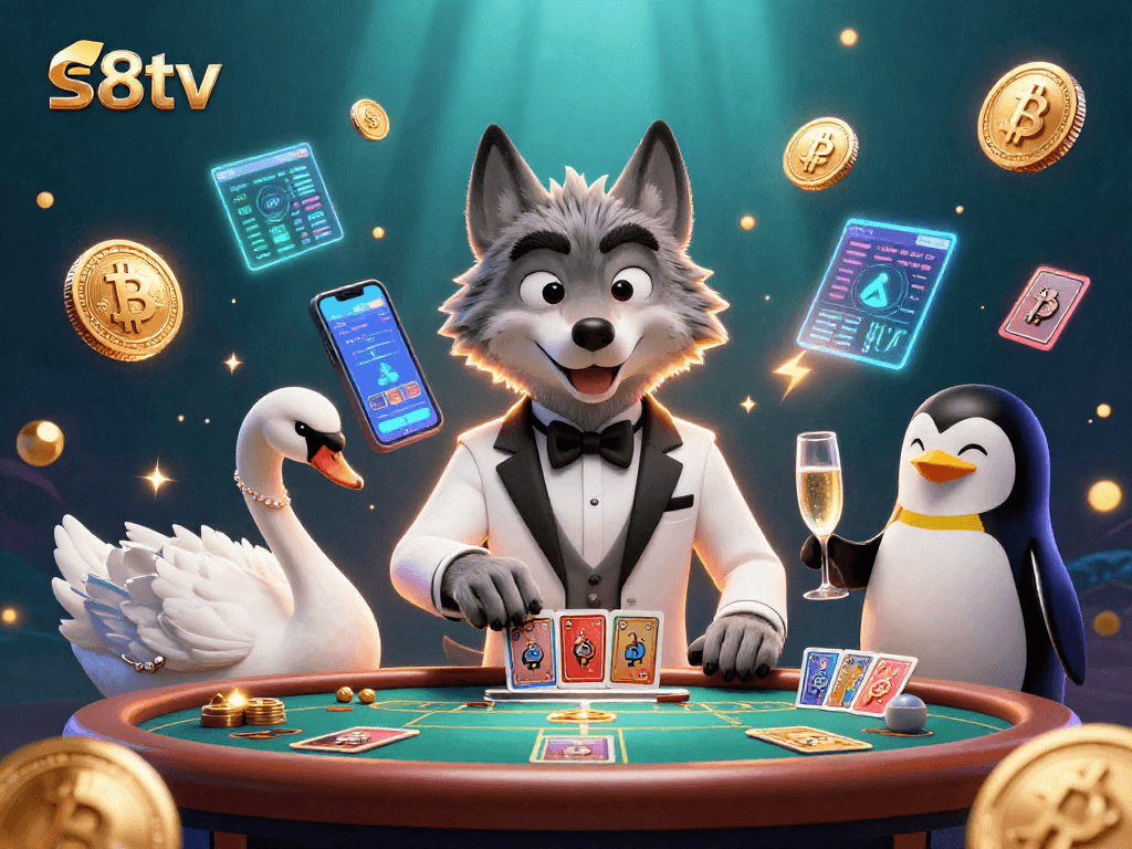 Experience high-stakes baccarat action at s8tv with our stylish casino characters in an electrifying scene.
