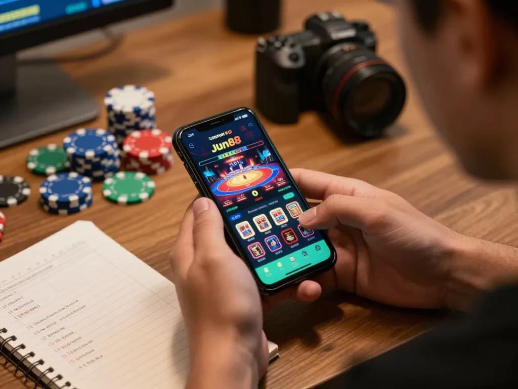Player engaging with the Jun88 casino app while strategizing for bets, showcasing a modern gaming atmosphere.