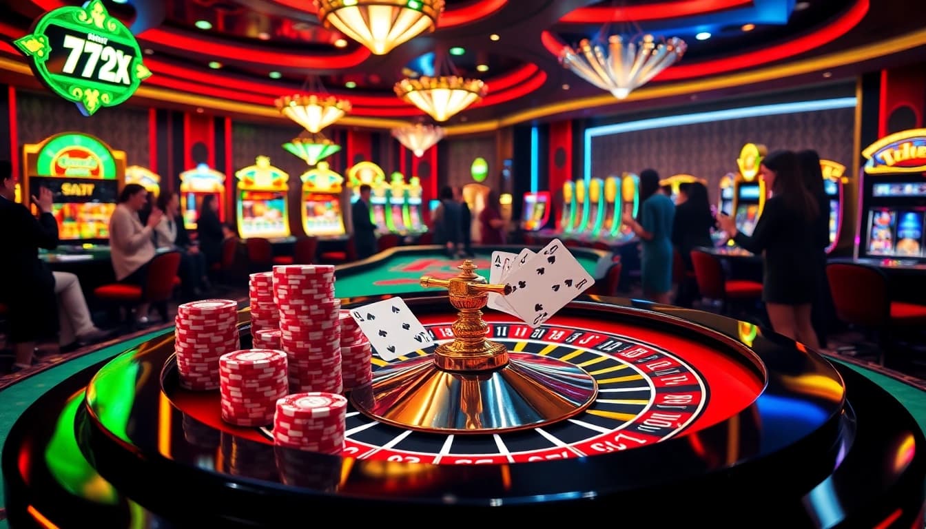 Winning strategies at 777X casino with vibrant roulette, cards, and enthusiastic players.
