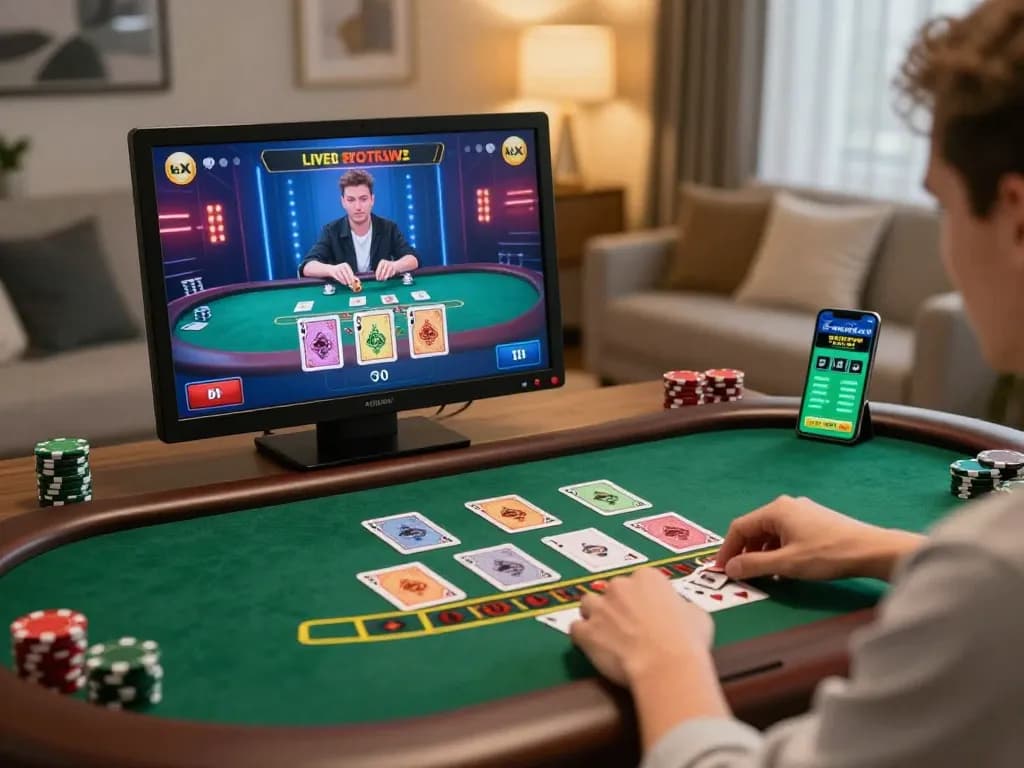 123B player enjoying a live dealer blackjack game in a cozy home setting, showcasing an engaging virtual table experience.