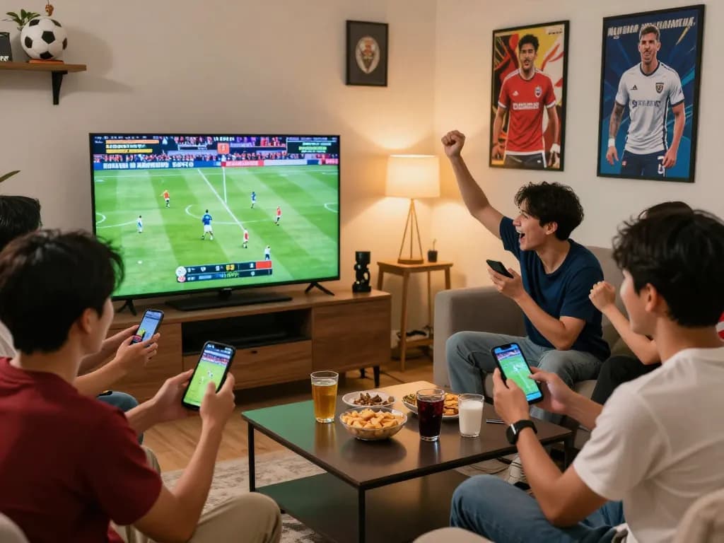 Excited friends watching kèo nhà cái hôm nay during a live football match in a cozy living room.