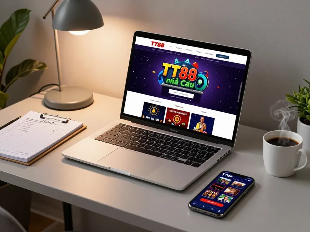 Play at TT88 nhà cái with a modern gaming setup featuring a laptop and casino app for responsible gambling