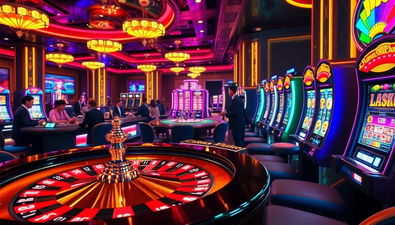 Players enjoying a thrilling game at 65A's luxurious casino, with vibrant slots and iconic roulette.