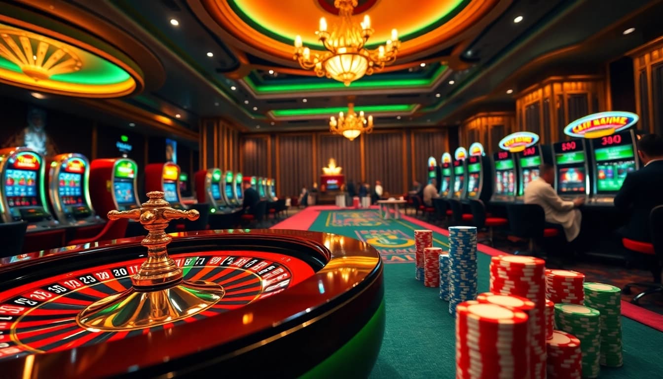 Excited players enjoying games at kkwin online casino, featuring roulette and poker tables.