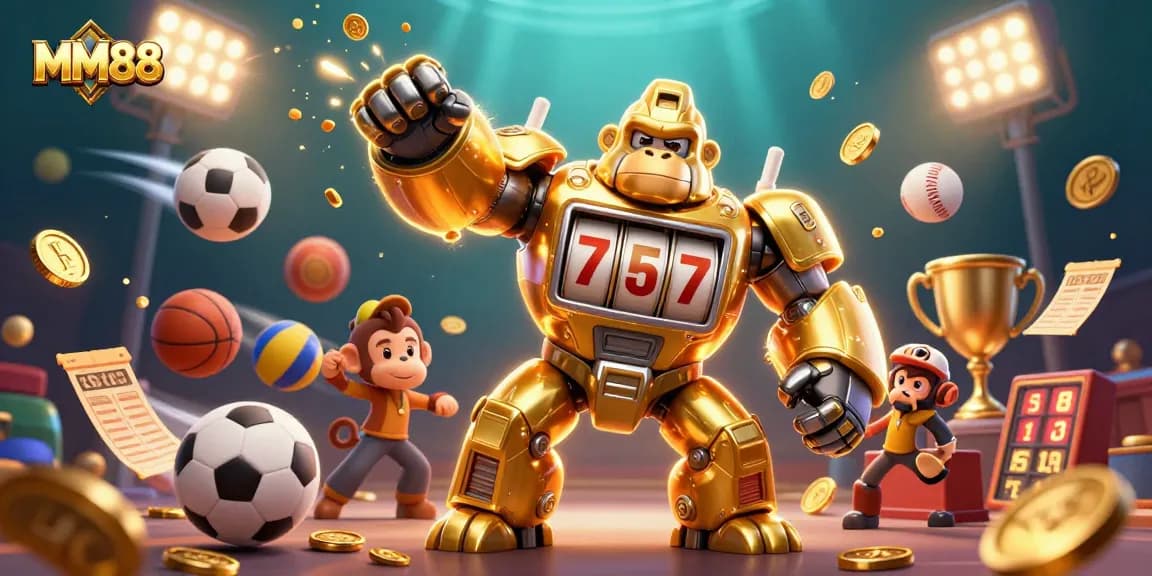Experience MM88 gambling excitement with a golden gorilla mech and dynamic sports elements in this vibrant casino illustration.