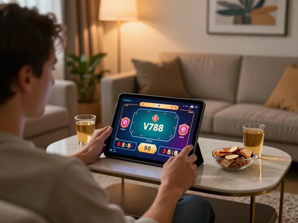 Play V788 casino games on a tablet in a cozy living room with warm lighting.