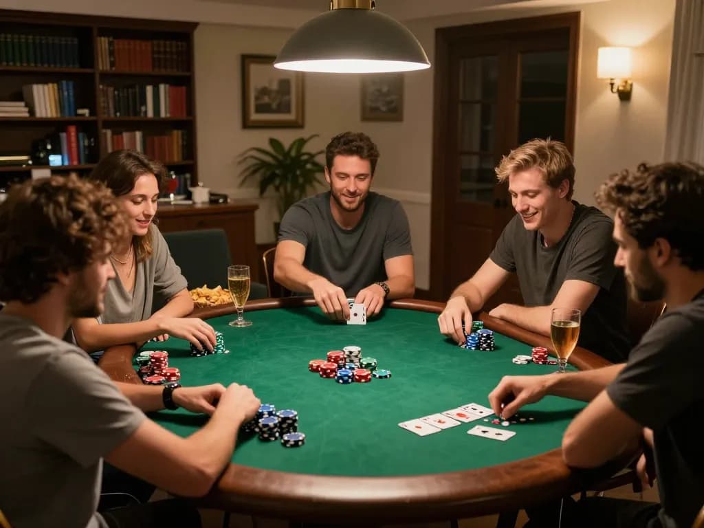 Friends enjoying an exciting poker game night at home with 188bet in focus.