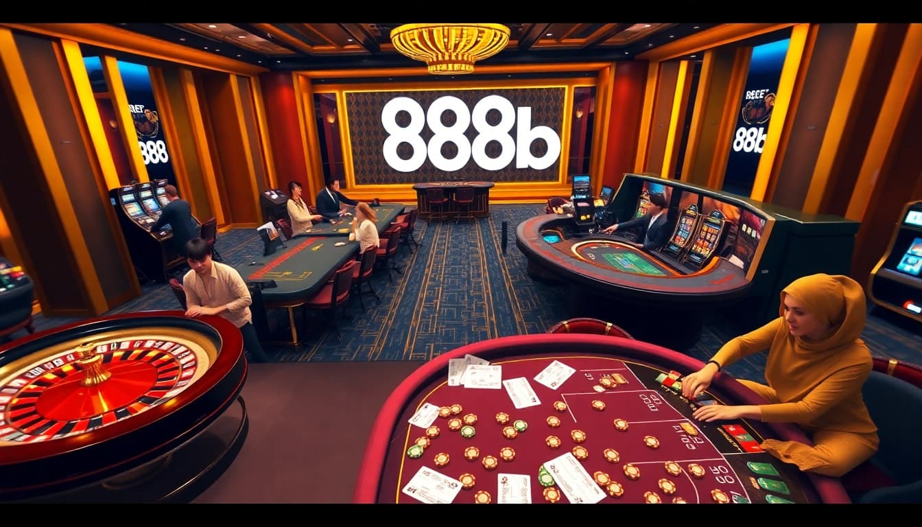 Engaging gamblers at the 888b casino with roulette, poker tables, and thrilling action.