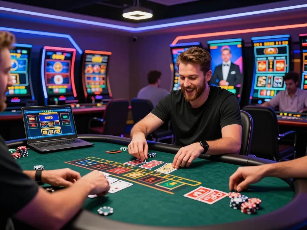 Excited player at 789club virtual blackjack table, vibrant casino atmosphere.