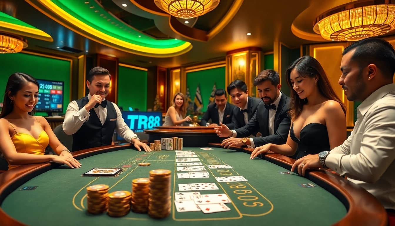Experience the thrill of TR 88 at a luxurious casino blackjack table with vibrant colors and enthusiastic players.