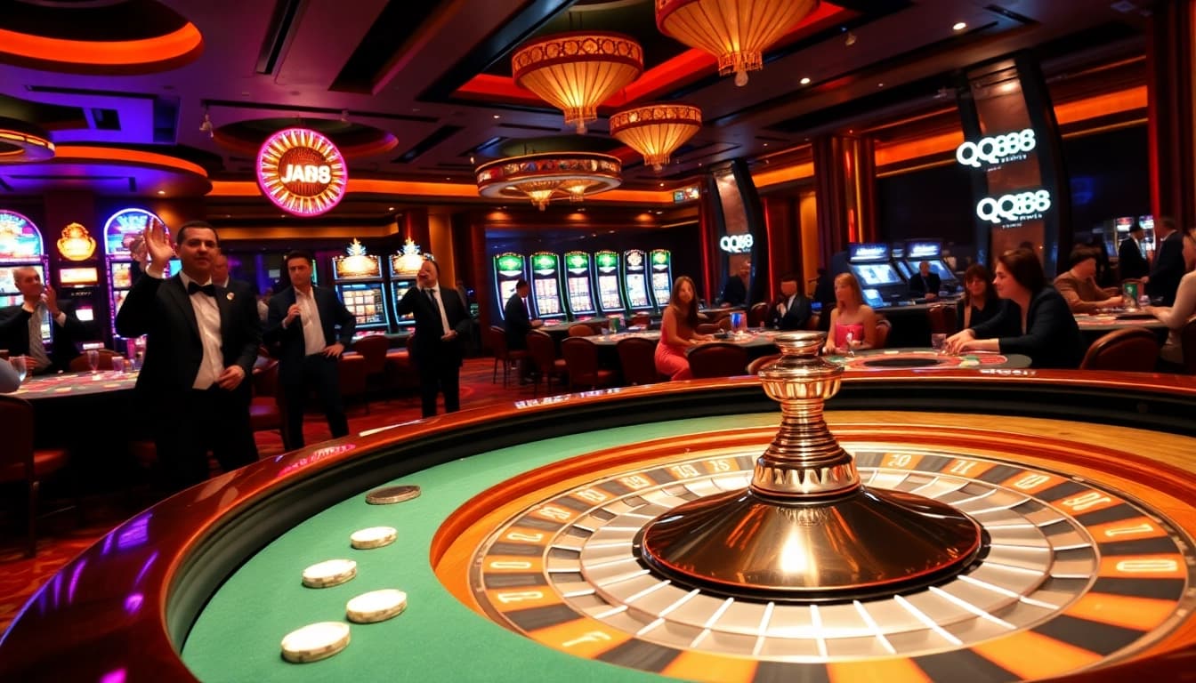 Players enjoy the vibrant excitement of QQ88 casino games with roulette and slot machines in view.