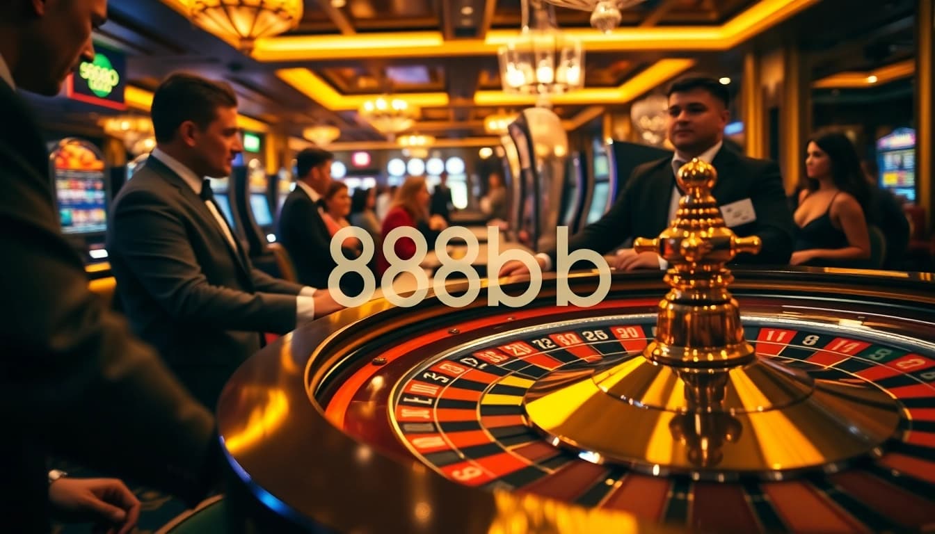 Players excitedly engage at the 888b roulette table, surrounded by vibrant casino atmosphere.