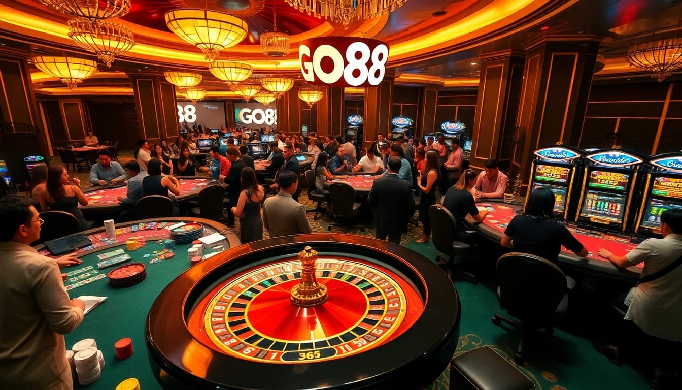 Players enjoying high-stakes games at GO88, surrounded by vibrant casino elements.