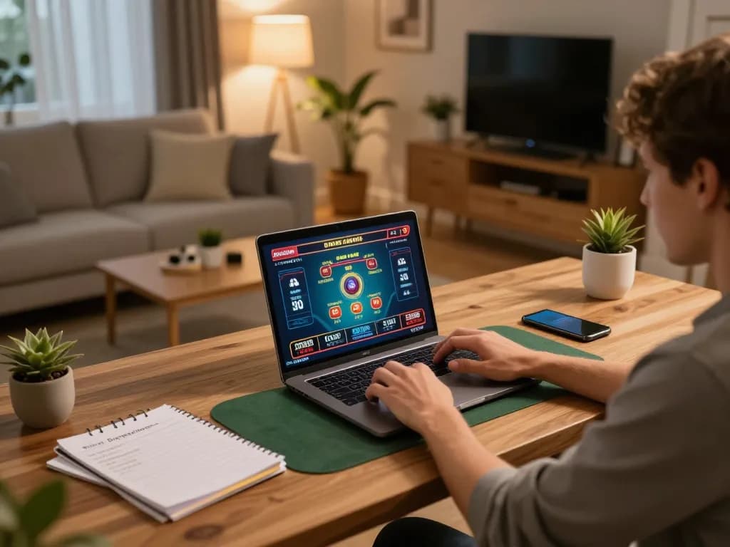 Experience win68 on a cozy home gaming setup as a player engages with online casino games.