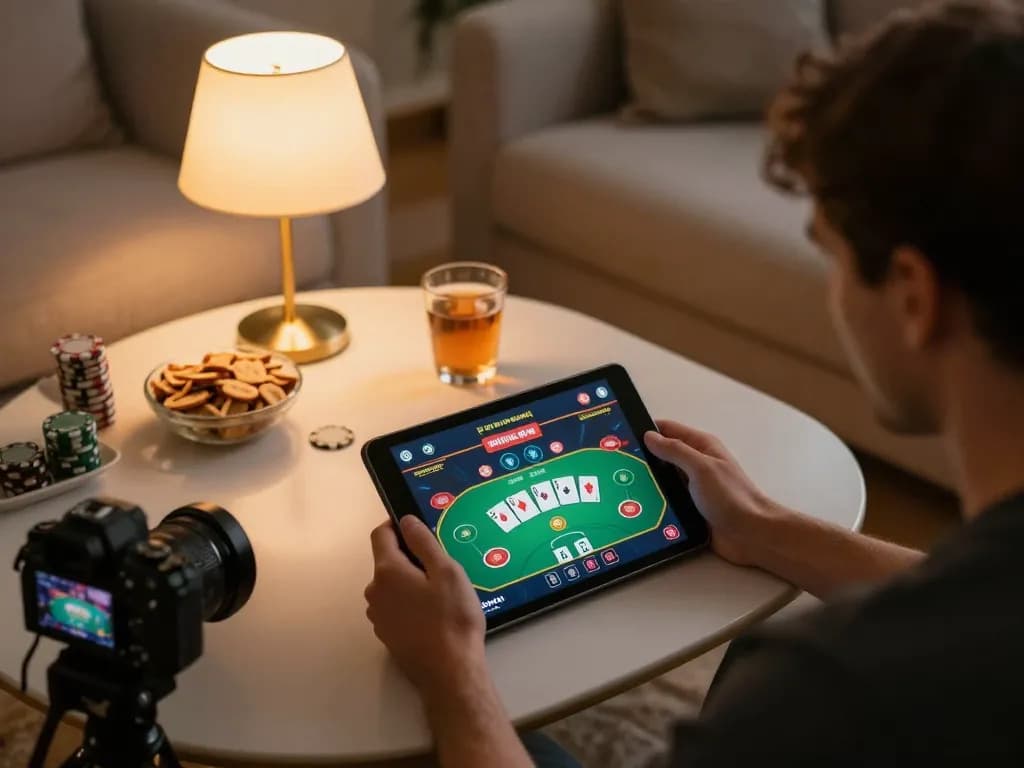 TWIN68 player engaging in strategic online poker gaming from a cozy home setup with tablet.