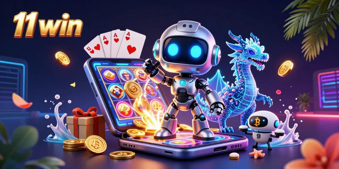 Spin and win with 11 win, featuring a vibrant cyberpunk casino scene with a robot and dragon.