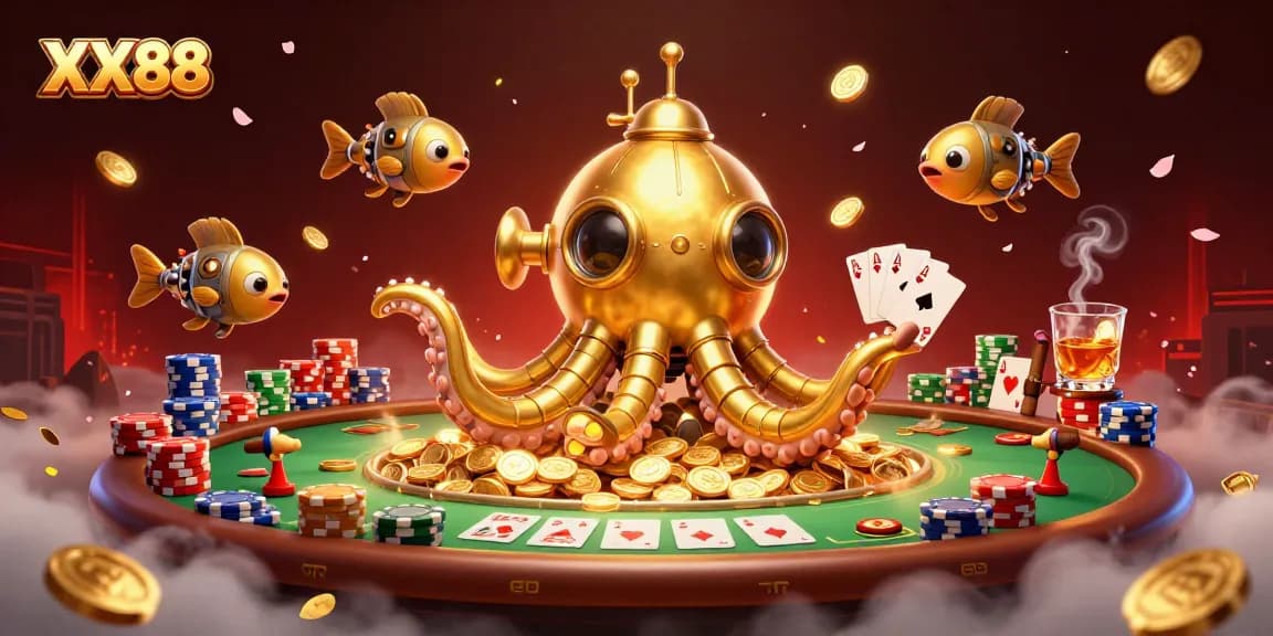 Play engaging games at XX88 with a captivating golden kraken submarine in a casino scene.