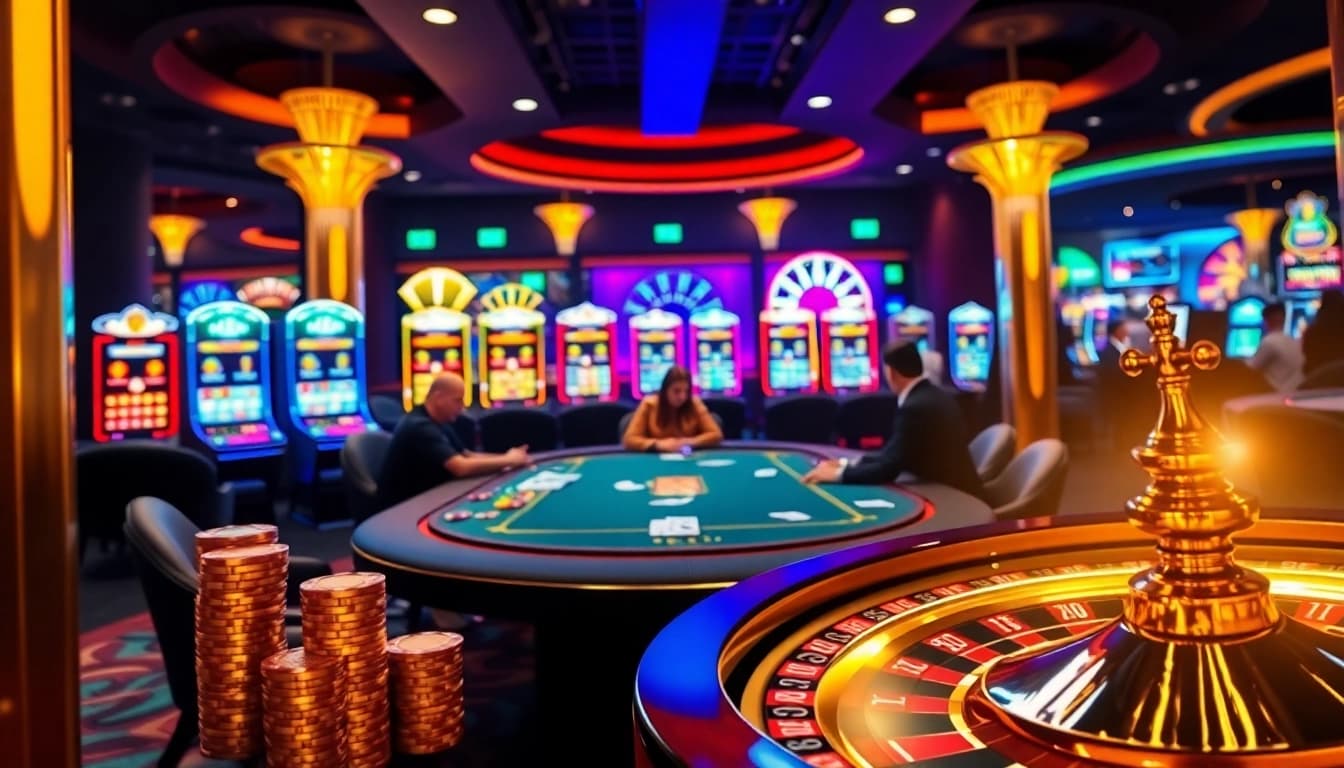 Players enjoying a high-stakes game at xx88's luxurious poker table in a vibrant casino setting.