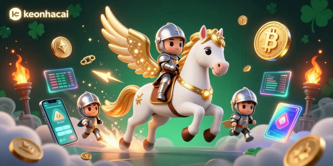 Engage in thrilling gameplay with keonhacai as a celestial horse gallops amidst crypto coins and digital displays.