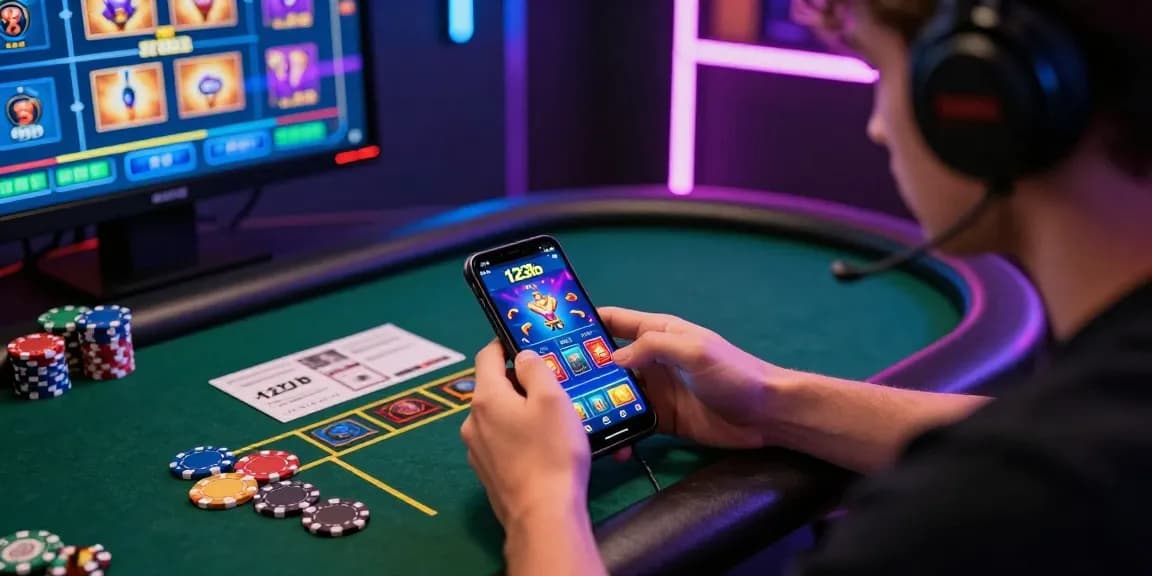 123b tải app interface displayed on a smartphone in a vibrant online casino setting