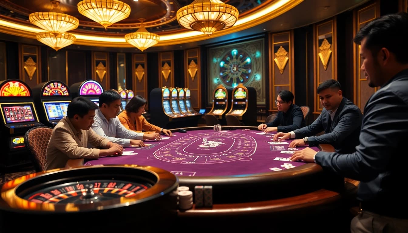 Engaging poker players experience thrilling gambling action in a luxurious casino setting, highlighting Tiên Nghịch themes.
