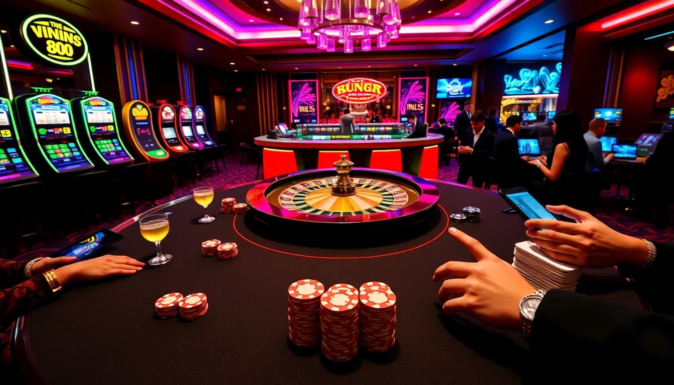 High-stakes gambling action at Xin 88 casino featuring poker, vibrant slot machines, and roulette.
