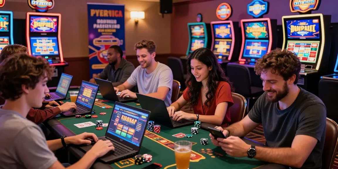Engaged players at casinos that accept credit cards, enjoying online gaming surrounded by vibrant slot machines and table games, showcasing excitement and community.