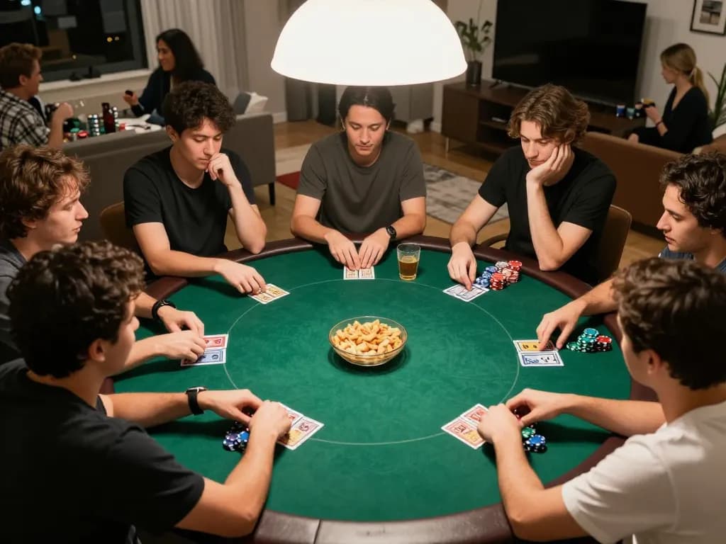 Players engage in a thrilling poker game at home, showcasing bsport's competitive edge and strategy.