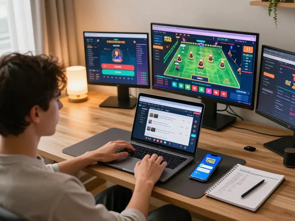 Engaging online betting experience with nhà cái fly88 interface on laptop and smartphone in a cozy setup.