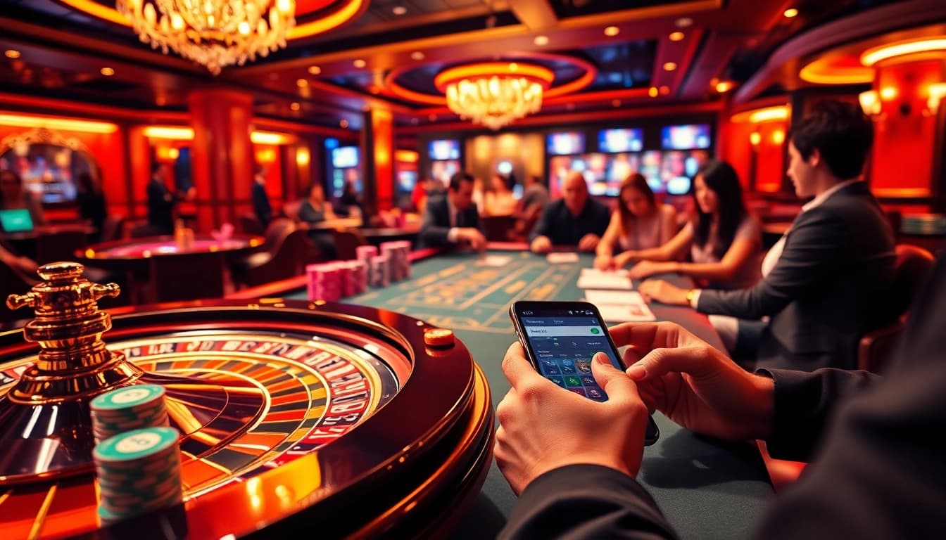 Experience the excitement of gambling at Jun88, featuring poker chips and roulette wheels in a vibrant casino setting.