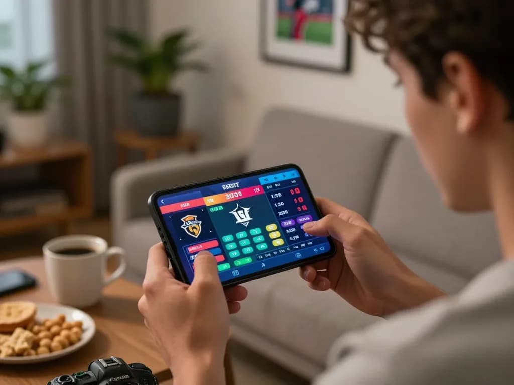 Engaged user placing bets on 999bet app on tablet during thrilling sports event.