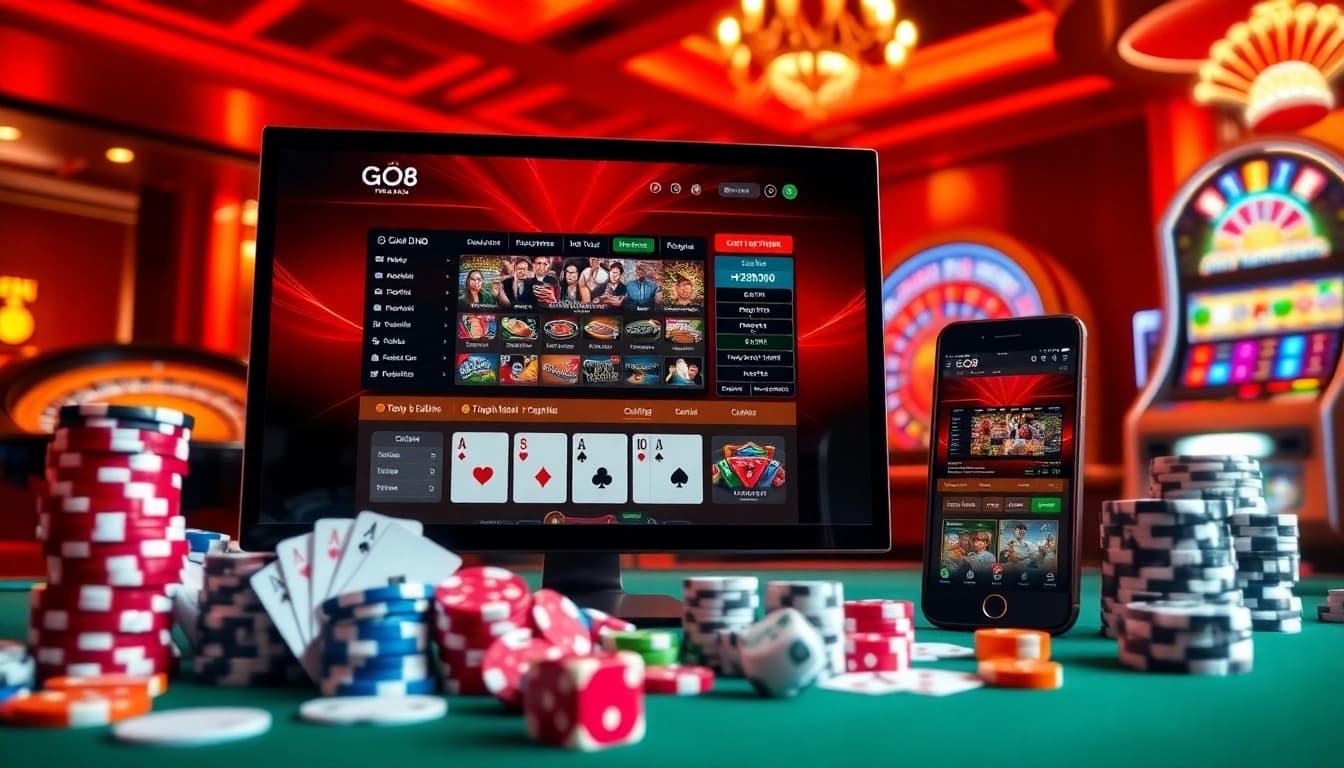 Engaging scene of GO8 TRANG CHỦ with a stylish online gambling interface, poker chips, and roulette wheel.