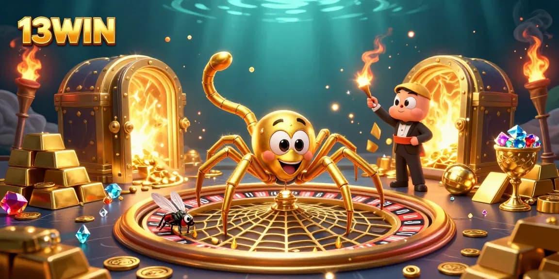 Engage with 13WIN's thrilling roulette scene, where a golden spider spins bets and treasures abound!