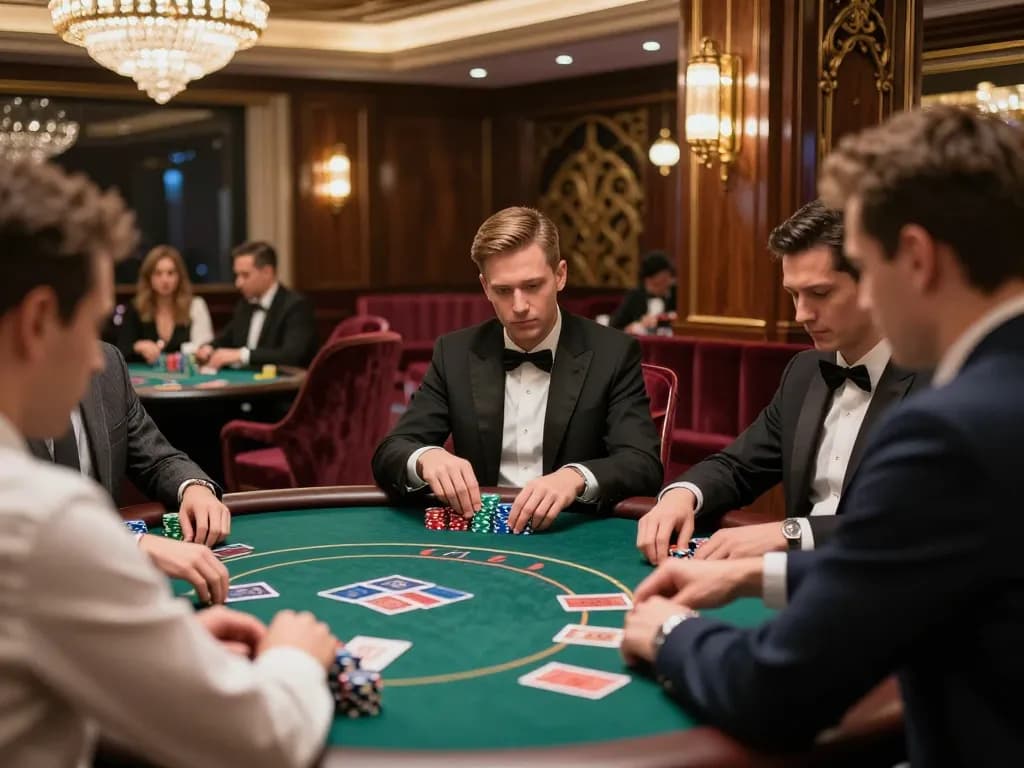 Players strategizing at a high-stakes poker table in an exclusive VIP area of ALO8 PRO casino.