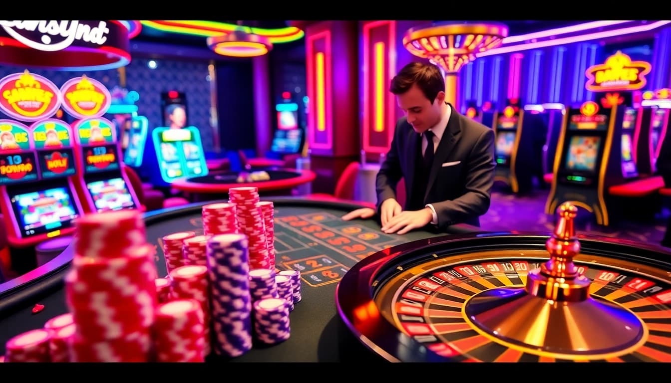 LC88 casino scene highlighting vibrant poker chips and roulette wheels in an exciting atmosphere.