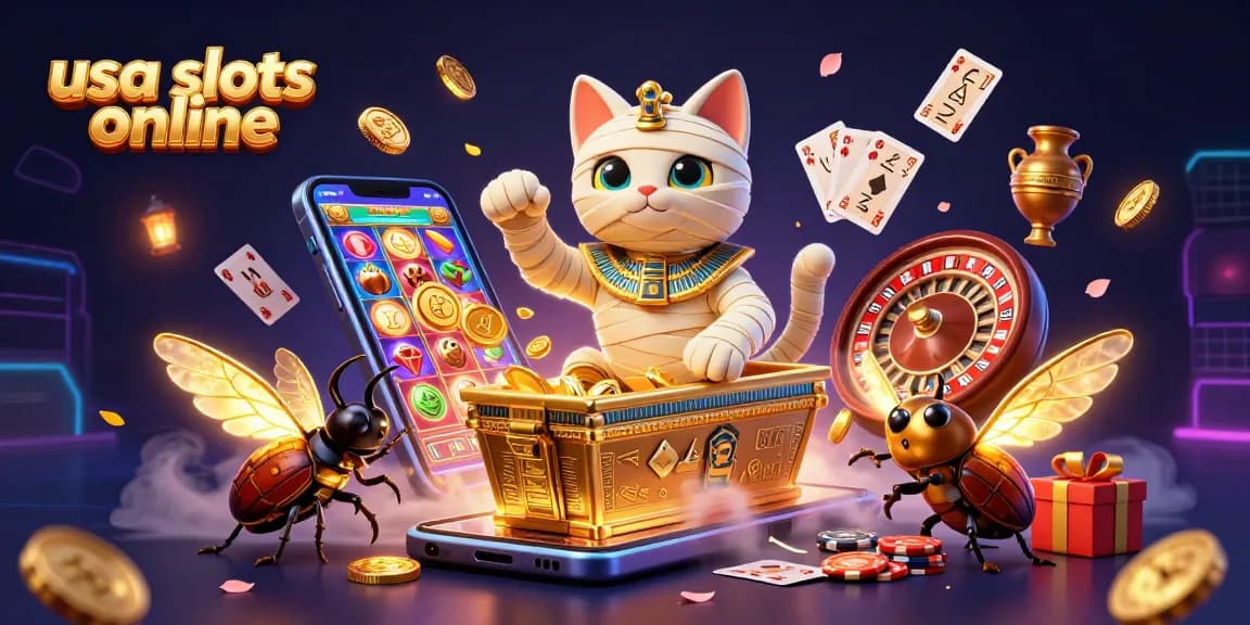 Experience the thrill of usa slots online with our vibrant 3D casino illustration featuring an Egyptian mummy cat and golden treasures.